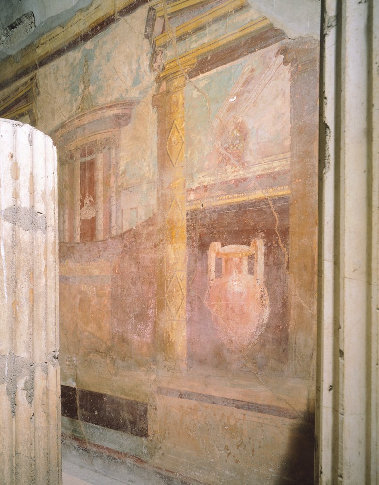 Detalj av fresker i tricliniumhallen, labyrinthuset, Pompeji, Kampanien, romersk civilisation av Roman Roman