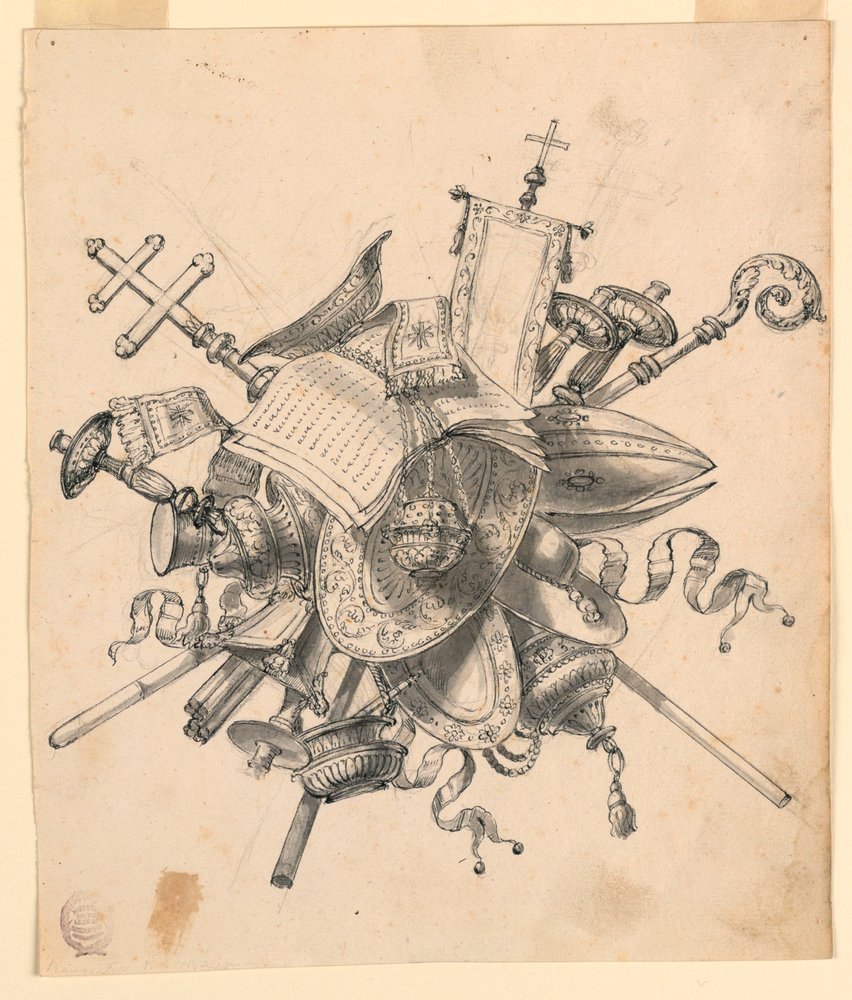 Teckning, Trofé med kyrkliga föremål, 1830-1850 av Romolo Achille Liverani