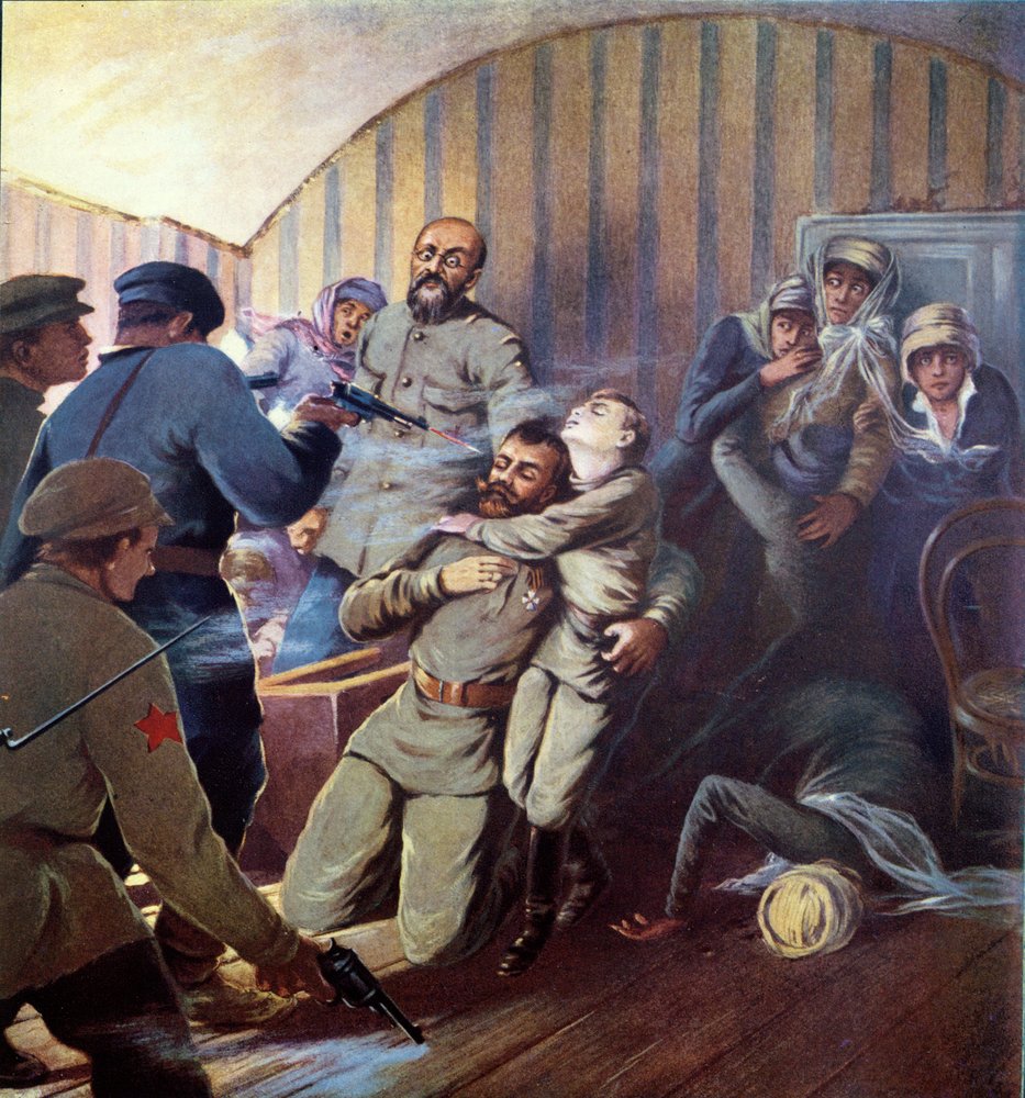 Avrättningen av tsar Nikolaj II (1868-1918) och hans familj i Jekaterinburg, 17 juli 1918, ur «Sovjeternas historia» av H. de Weindel, 1923-24 av S. Sarmat