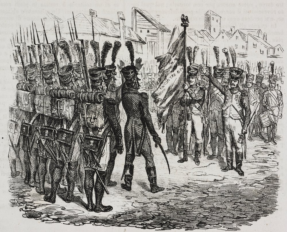 Flagga för 84:e regementet, litografi av Salvatore Puglia från från History of Napoleon av Cesare Malpica (1804-1848), från Poliorama Pittoresco, n 16, 25 november av Salvatore Puglia