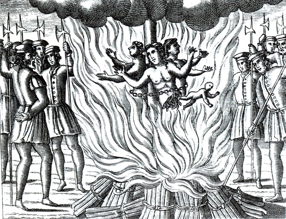 Berättelsen om de tre martyrerna från Guernsey som brändes på bål, från en utgåva av "Acts and Monuments" av John Foxe (1516-87) (gravyr) av School English