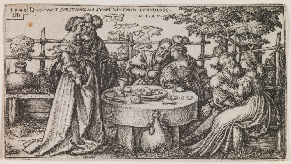 The Prodigal Son Wasting his Fortune, från serien "The History of the Prodigal Son" av Sebald Beham
