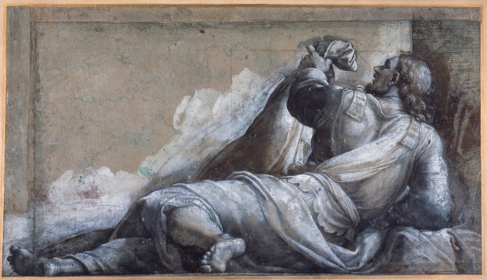 En liggande apostel (svart krita med brun tvätt på carta azzurra) av Sebastiano del (c.1485-1547) Piombo