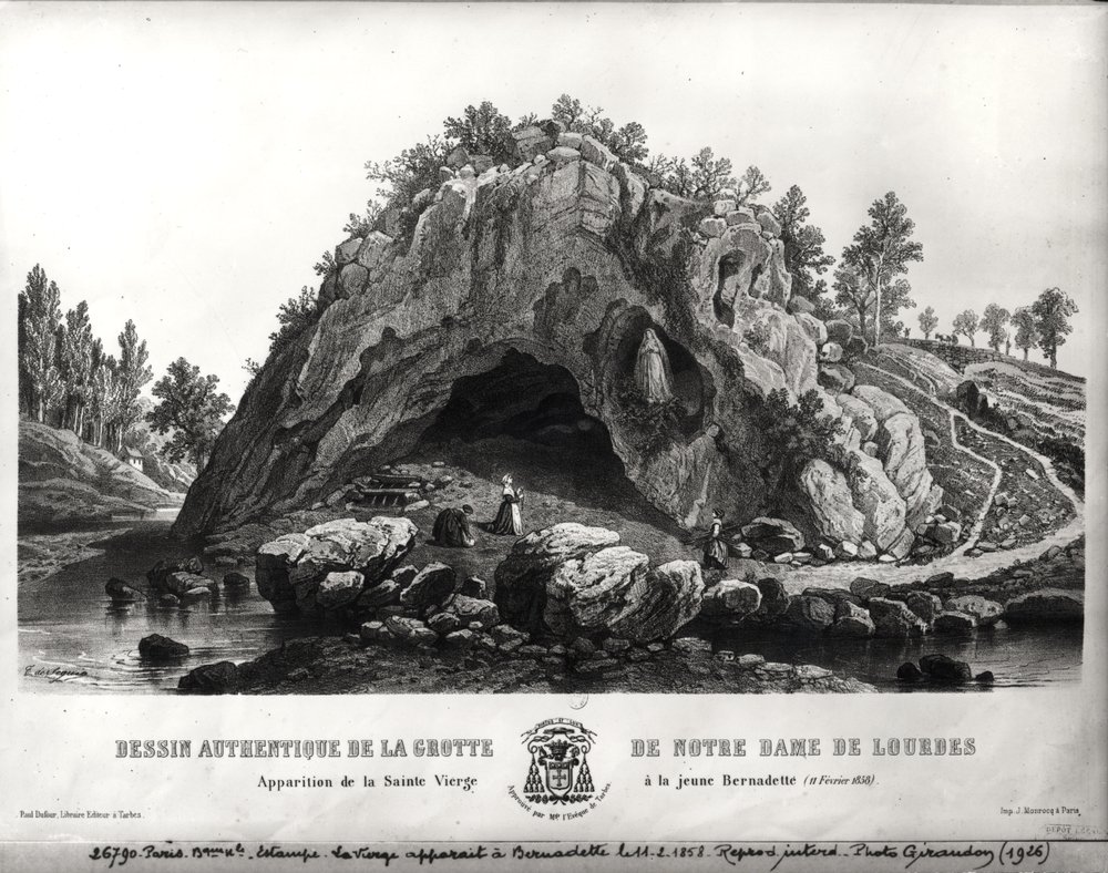 Jungfru Marias uppenbarelse för Bernadette Soubirous (1844-79) 11 februari 1858, ca 1858 av Seguin T. de