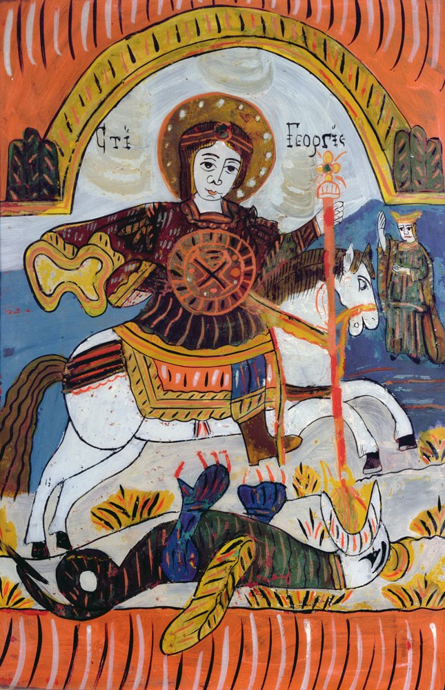 Saint George and the Dragon (olja på glas) av Serbian School