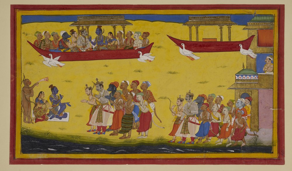 Vibhīṣaṇa ansluter sig till Rāmas återkomst till Ayodhyā i Puṣpaka av Sahibdin