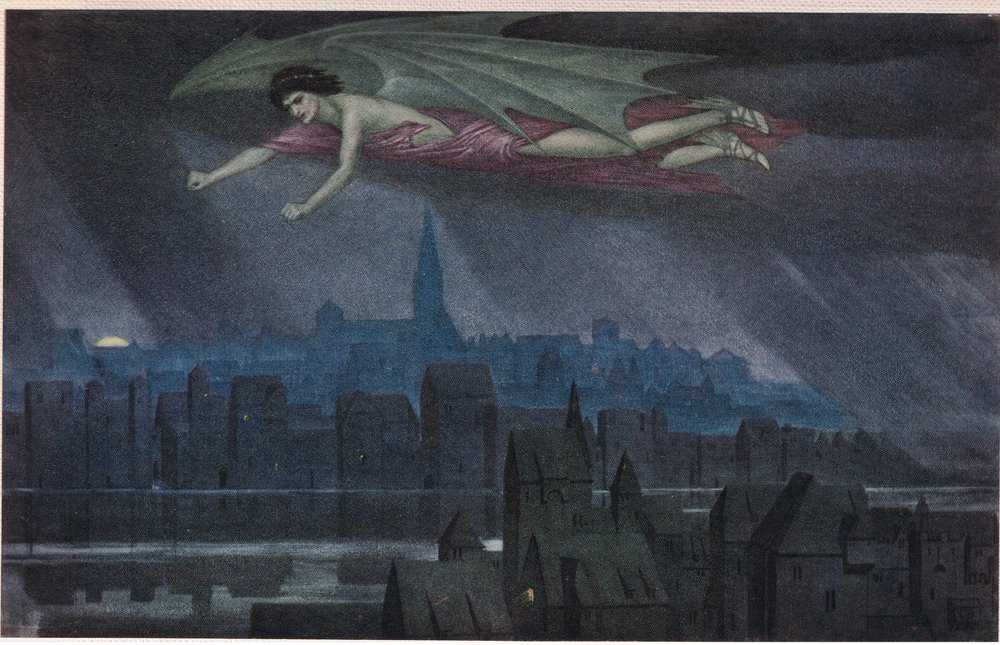 Lucifer flyger över staden. 