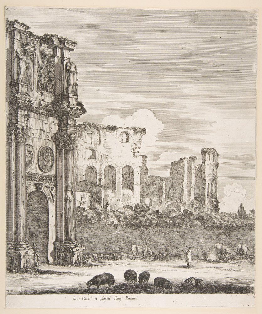 Konstantinbågen och Colosseum med får som betar i förgrunden, från Sex stora vyer..., 1656. av Stefano della Bella
