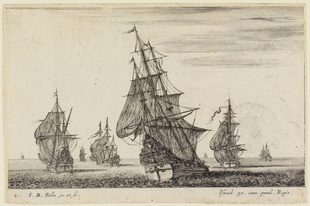 Havslandskap (Paysages maritimes): Ett fartyg som sätter segel i förgrunden, ytterligare fartyg i bakgrunden av Stefano della Bella