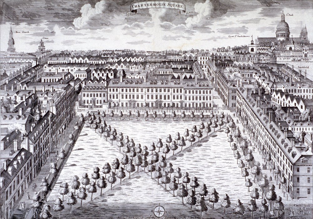 Fågelperspektiv över Charterhouse Square, Finsbury, London, c1750 av Sutton Nicholls