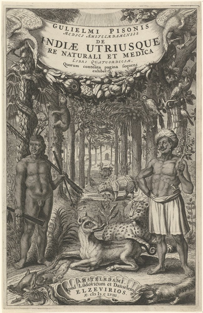 Två män och vilda djur framför en skog Titelsida för: Indiae Utriusque, 1658 av Theodor Matham