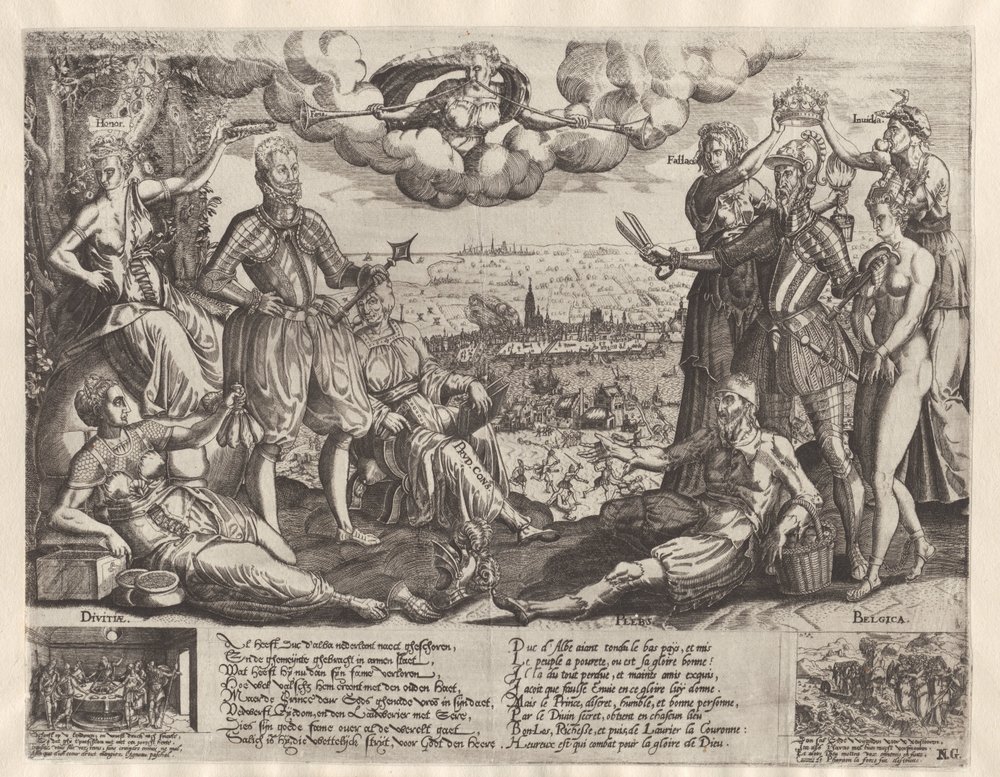 Jämförelse mellan Oranje och Alva, med Spanska Fury i bakgrunden, ca 1577 av Theodor de Bry (attributed to)