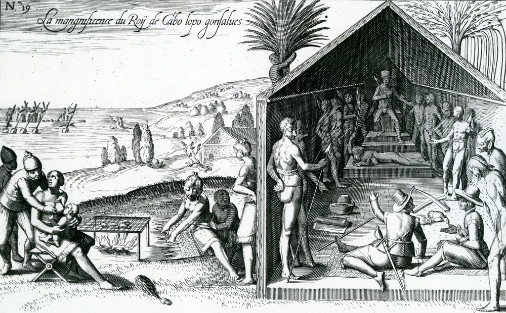Kungen som tar emot europeiska besökare, Kap Lopez, Gabon, Afrika, 1500-talet av Theodore de Bry