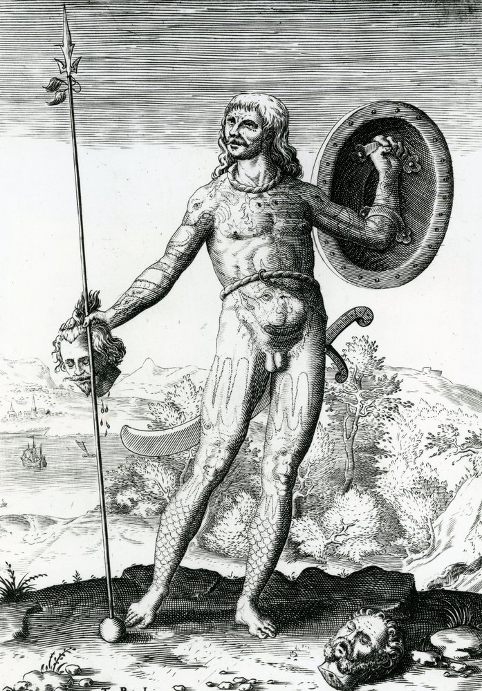Piktisk man som håller ett mänskligt huvud av Theodore de Bry