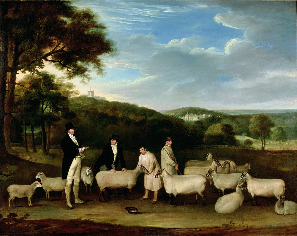 Porträtt av Thomas William Coke, Esq. (1752-1842), som inspekterar några av sina South Down-får med herr Walton och herdarna från Holkham av Thomas Weaver