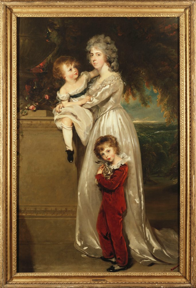 Porträtt av fru Annesley stående i full längd, i en vit klänning med sina två barn av Thomas Lawrence