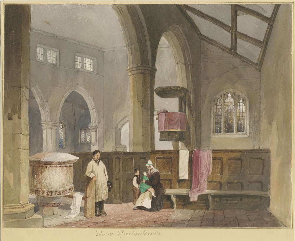 Interiör av Standon Church: akvarellmålning och [?mitten av 1800-talet] av Thomas Peploe Wood