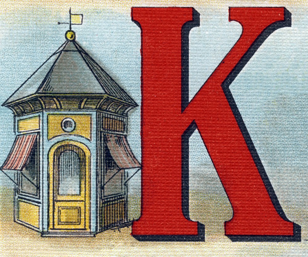 Bokstaven K: kiosk. Gravyr i "Alphabet de ma petite fille". Bernardin-Bechet och Fils, bokhandlare-förlag, Paris, omkring 1895. Okrossbart album på duk. Bibliotheque des Bebes. 12 sidor. Album som innehåller en läsmetod och en illustrativ abecedar av Unbekannt