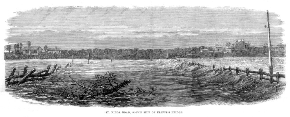 St Kilda Road, södra sidan av Princes Bridge - Översvämningar vid Melbourne, Australien, 1864 av Unbekannt