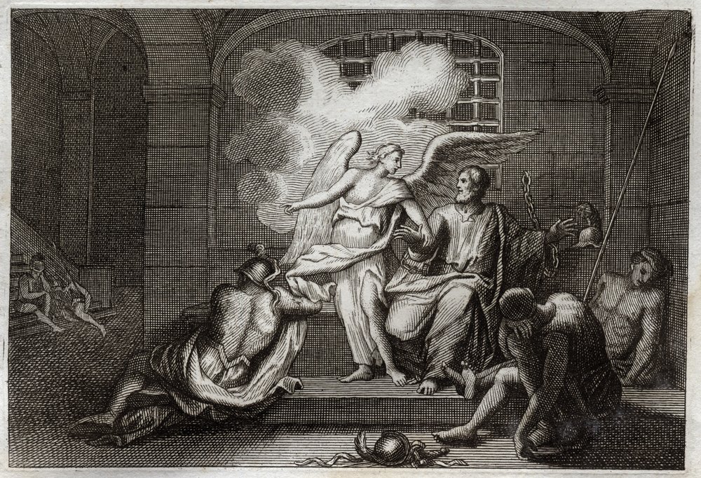 Bible of Royaumont, Nya testamentet: Saint Peter Delivre de prison. Sankt Peter släpps ur fängelset på natten av en ängel. Illustration från 1811. av Unknown artist