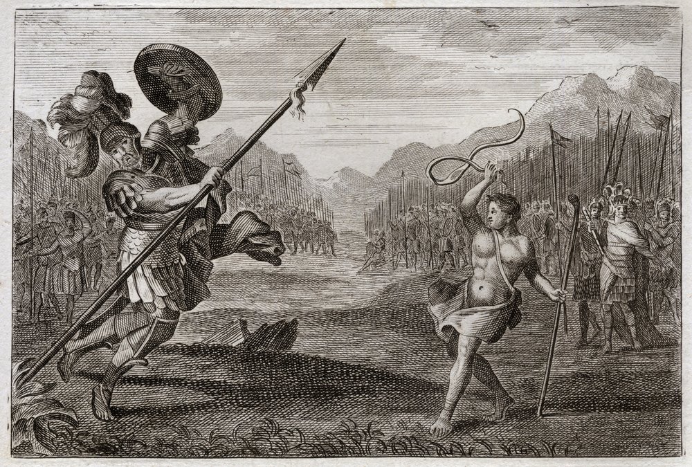 Royaumontbibeln, Gamla testamentet: Jätten Goliat. Goliat, en filisté av väldig storlek, besegras av David, beväpnad endast med en slunga och en stav. Illustration från 1811. av Unknown artist