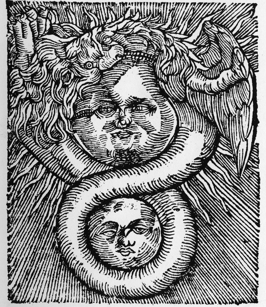Solen och månen: förenade av draken - Gravyr från Basil Valentines verk "Filosofernas Azoth". Paris av Unknown artist