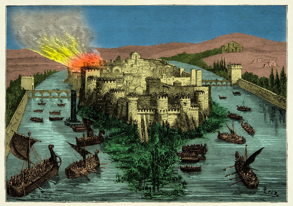 Vikingarnas belägring av Paris år 845 med Ragnar Lodbrok i spetsen, gravyr, 1800-talet av Unknown artist