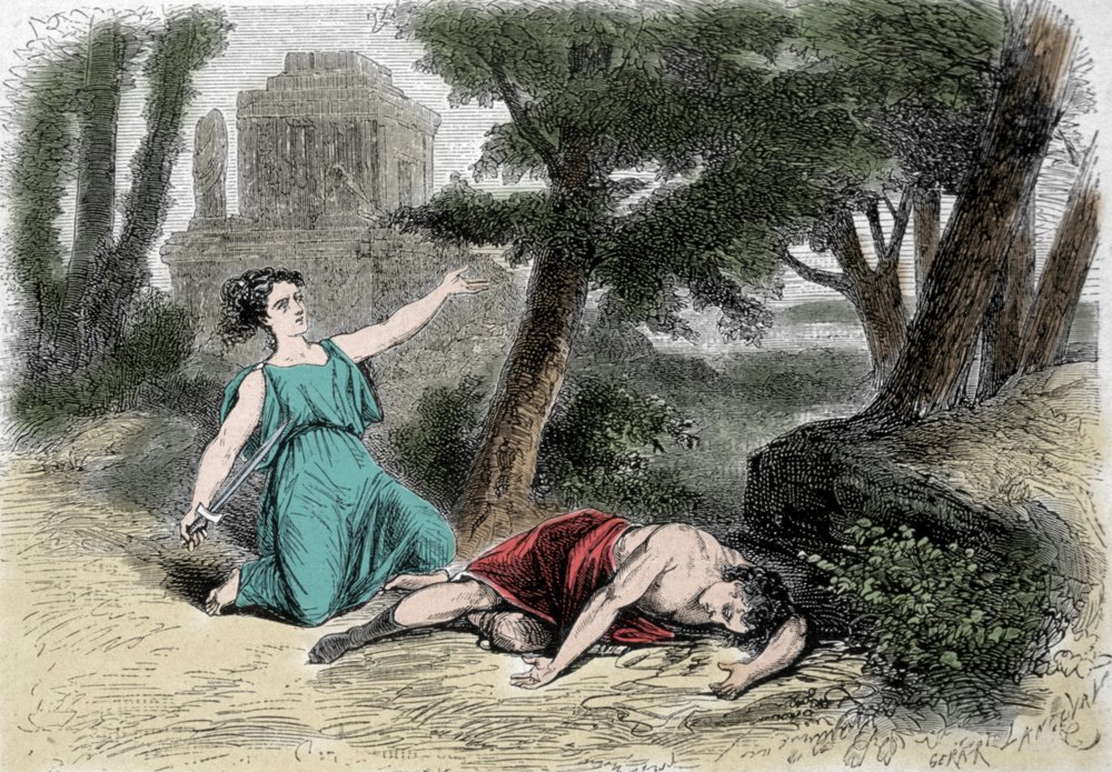 Pyramus självmord under mullbärsträdet och Thisbes död. Övertygad om att lejoninnan hade slukat Thisbe, tog Pyramus sitt liv och täckte de vita mullbären med sitt blod. Thisbe, som gömde sig för lejonet, finner sin älskade död och begår självmord av Unknown artist
