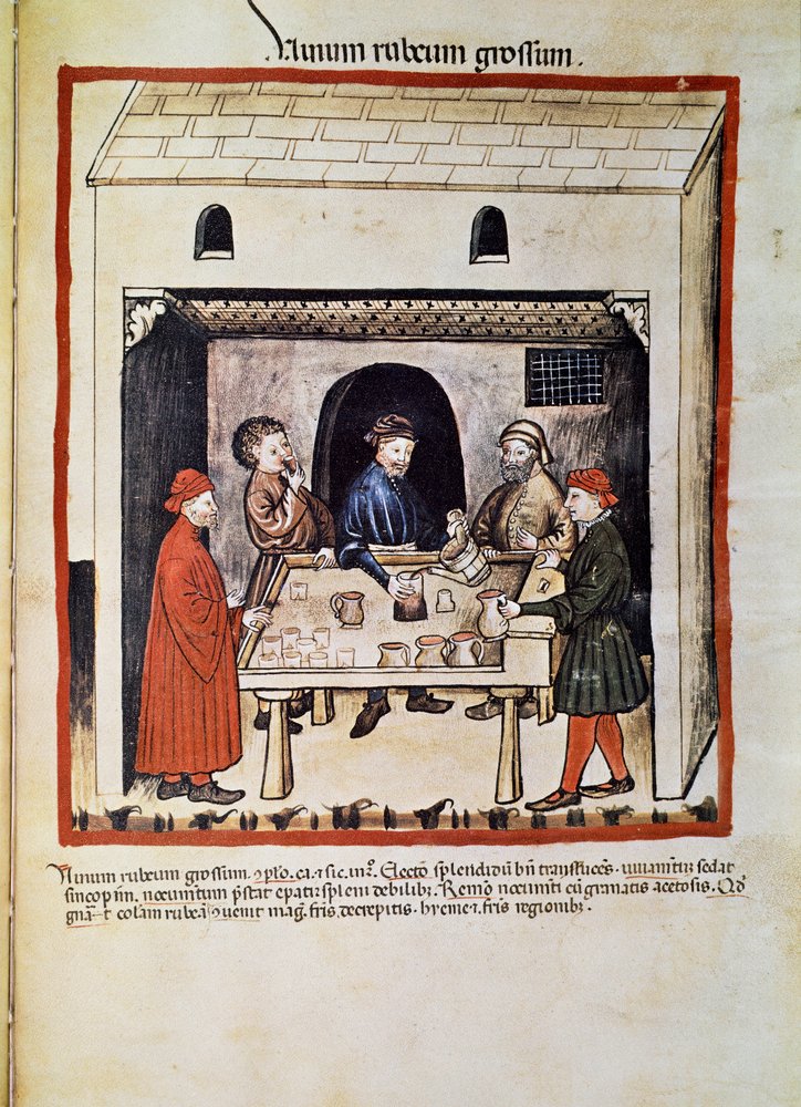 Behandla en läkare: "" rött vin, grupp män i en krog som dricker vin"" Sidan hämtad från "" Tacuinum sanitatis"" (Cod. ser. nov. 2644) Omkring 1400 Wien, Osterreischische Nationalbibliothek av Unknown artist