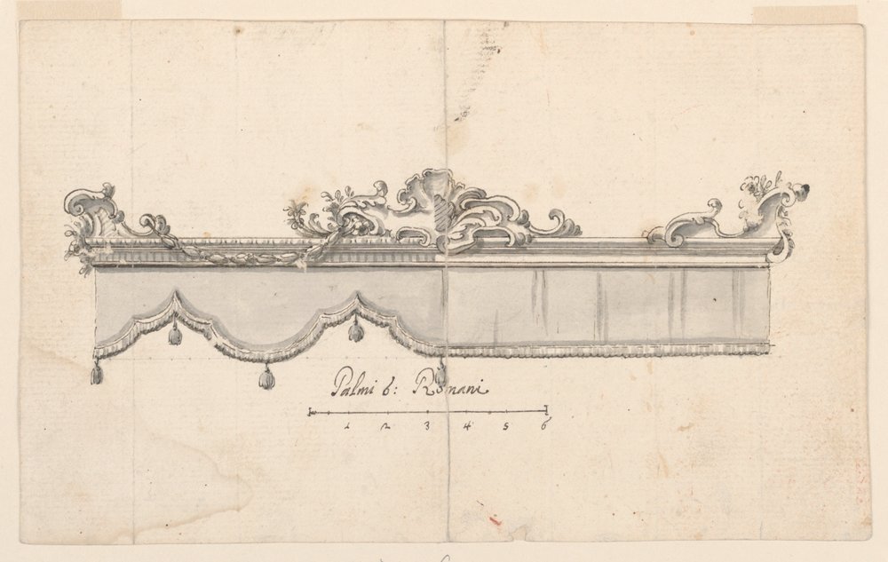 Teckning, kröning av en baldakin (V: figurskisser), ca 1750-75 av Unknown artistUnknown artist