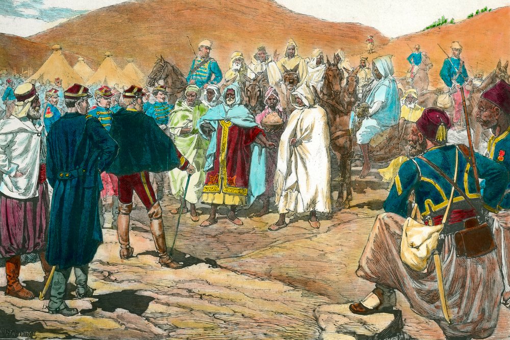 Kolonialism: tunisiska stamledare kommer till parlamentet. Gravyr från 1800-talet, privat samling av Unknown artist