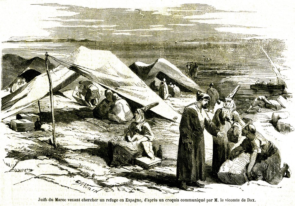 Judar från Marocko kommer för att söka skydd i Algesiras i Spanien i mitten av 1800-talet (gravyr) av Unknown artist