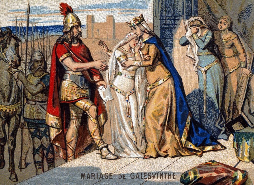 Galswinthas giftermål (567): Galswinthas avresa för att gifta sig med Chilperik, de neustriska frankernas ledare. Kromolitografi ur serien ”Patriotisk undervisning genom bilder”. av Unknown artist