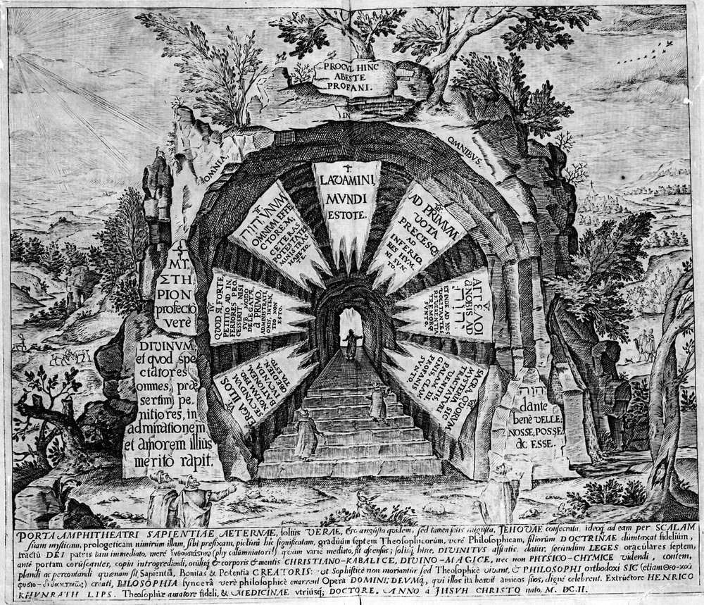 Representation av ingången till House of Mysteres, symbolisk för evigt liv. Gravyr av "Amphitheatrum sapientiae aeternae". (Amphitheatre of eternal visdom) [Hamburg: s.n. av Unknown artist