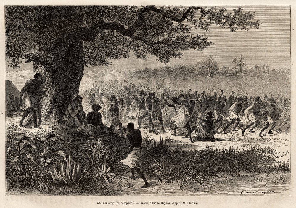 Vouagogo (tanzaniska stam) som förberedelse för krig, under trädet, författaren till berättelsen Henry Morton Stanley (1841-1904). Gravyr för att illustrera resan på jakt efter Livingstone, i centrala Afrika, av Henry Stanley, korrespondent för "New-Y av Unknown artist