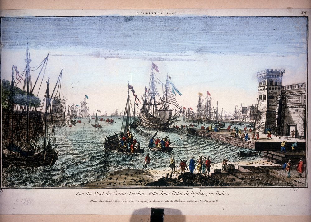 Utsikt över hamnen i Civitavecchia, stad i kyrkans delstat, Italien. Optisk vy av 1700-talet. av Unknown artist