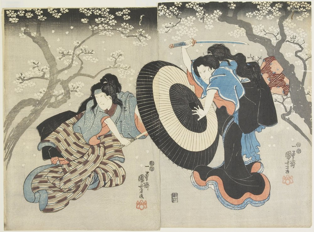 (Två kvinnor som slåss under körsbärsträd, en scen från en Kabuki-pjäs), 1847-1852 av Utagawa Kuniyoshi