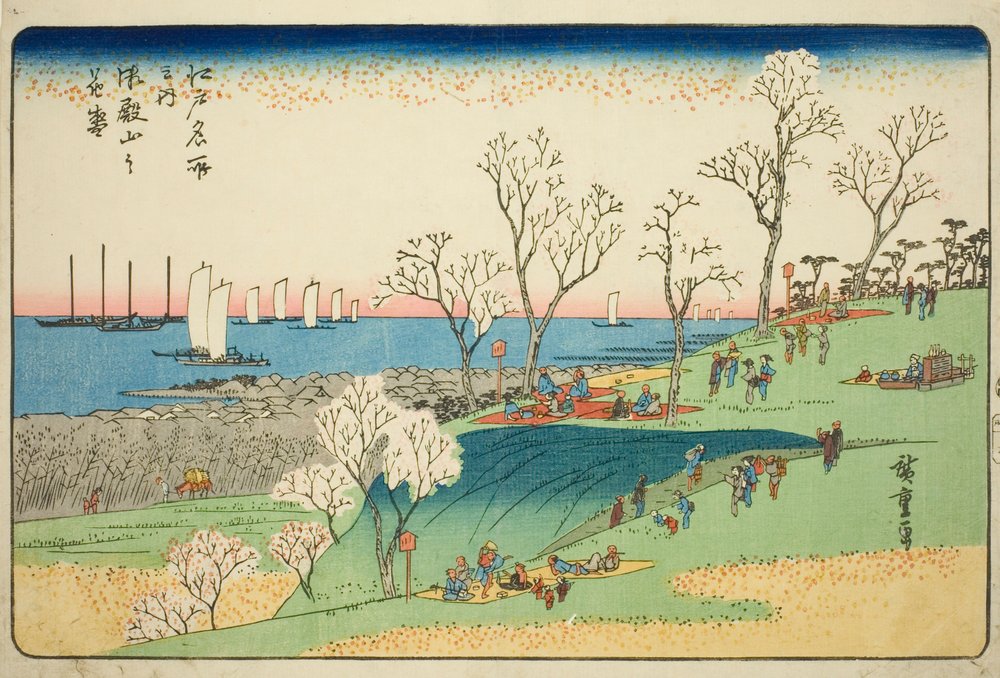 Cherry Blossoms in Full Bloom at Goten Hill (Gotenyama no hanazakari), från serien "Famous Places in Edo (Edo meisho no uchi)" av Utagawa Hiroshige