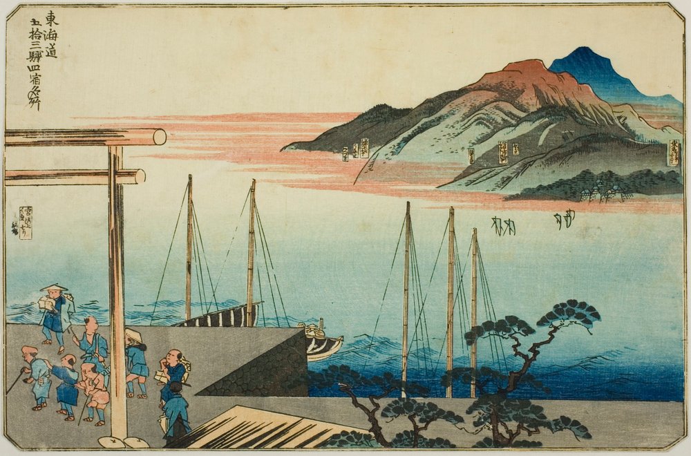 Miya, Kuwana, Yokkaichi och Ishiyakushi, från serien "Famous Places on the Fifty-three Stations of the Tokaido, Four Stations (Tokaido gojusan eki yonshuku meisho)" av Utagawa Kuniyoshi