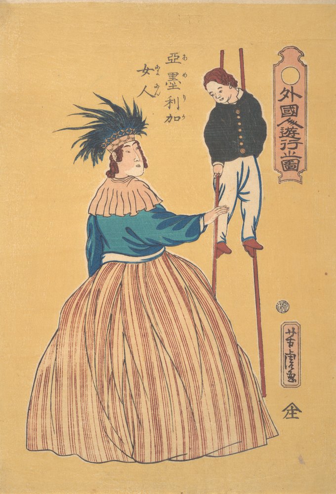 Amerikansk kvinna med sitt barn på styltor, 1:a månaden, 1861. av Utagawa Yoshitora