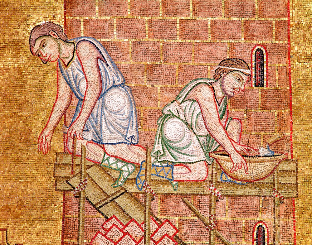 Babels torn, från Atrium, detalj av två byggare (mosaik) av Byzantine School