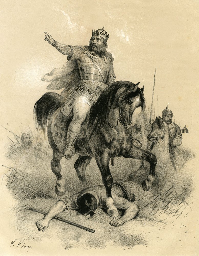 Attila (ca 395-453), hunnernas ende ledare år 445, härjade rikena i öst och väst - Barbarinvasioner - Gravyr av Victor Adam (1801-1866) i boken ”Frankrike under medeltiden”, utgiven av bröderna Ardant i mitten av av Victor Adam
