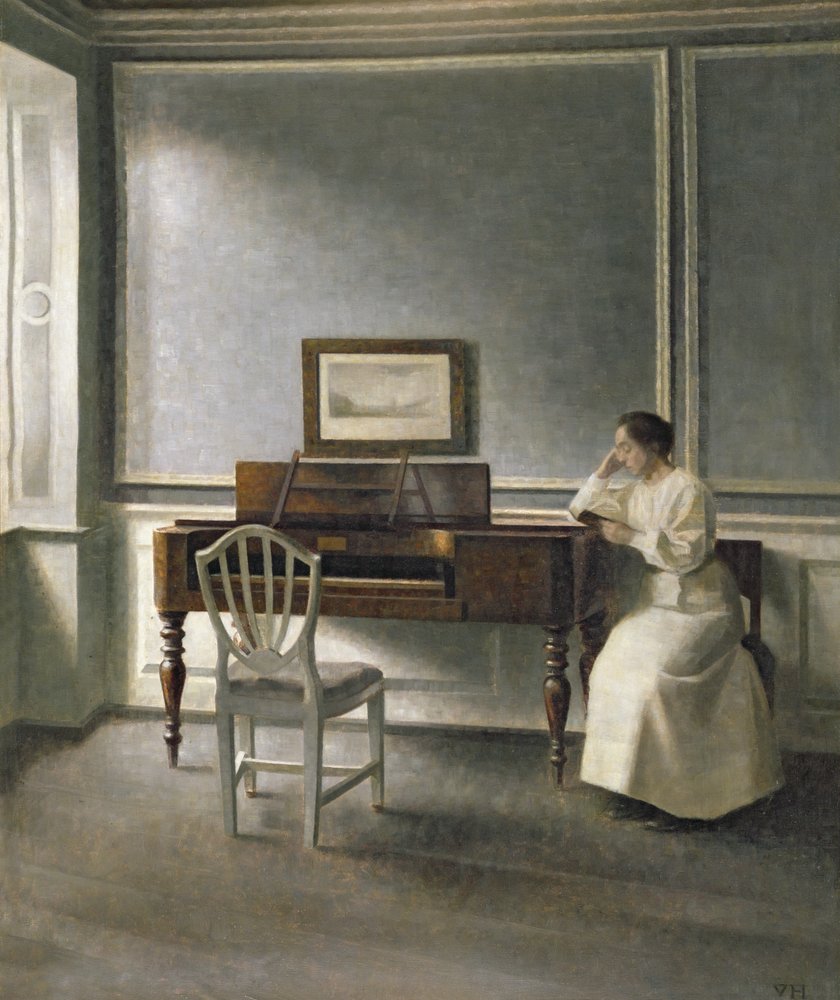 Kvinna som läser vid ett piano, 1907 av Vilhelm Hammershoi