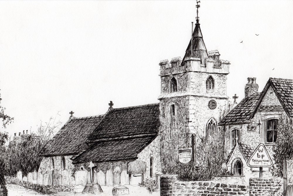 Brighstone Church I.O.W., 2008, (bläck på papper) av Vincent Alexander Booth