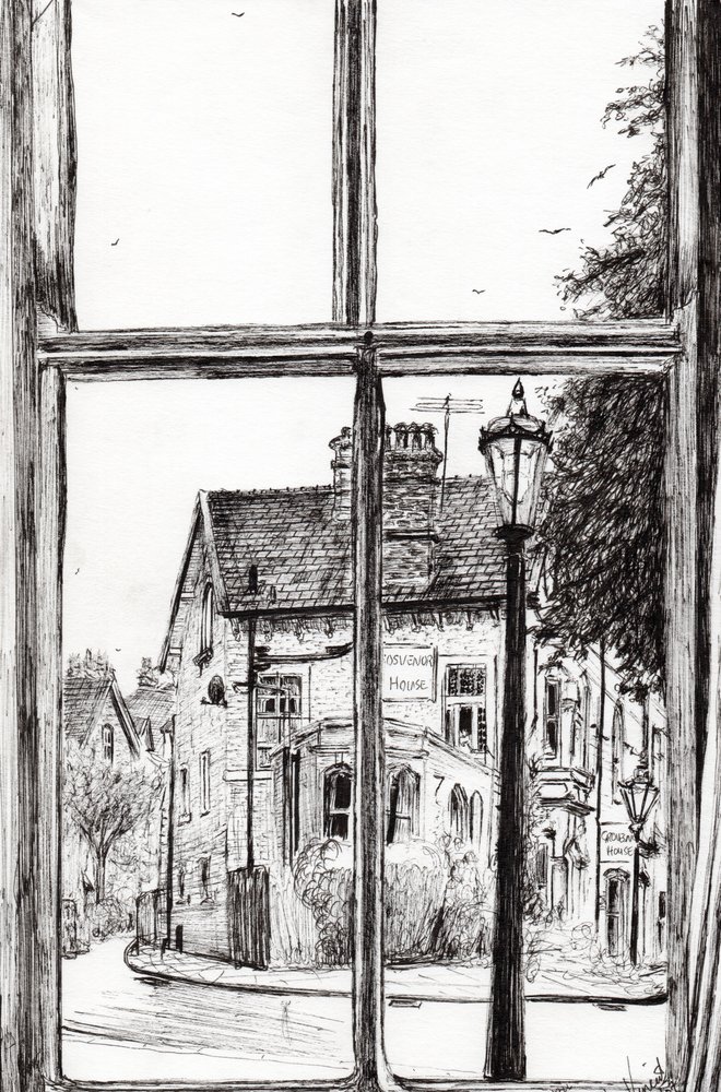 Utsikt från Old Hall Hotel Buxton, 2009, (bläck på papper) av Vincent Alexander Booth