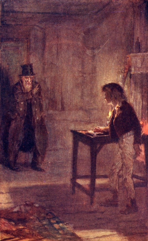 Fagin Warns Oliver, frontispice från "The Adventures of Oliver Twist" av Charles Dickens av W.S. Stacey
