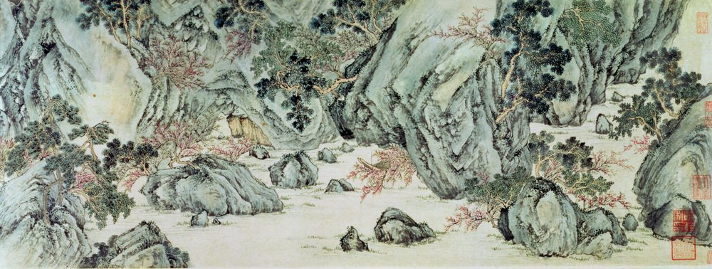 Resan till ”De odödligas land”, detalj ur ”Persikoblomskällan”, från en dikt med titeln ”Tao Yuan Bi Jing” av Wang Wei av Wen Zhengming