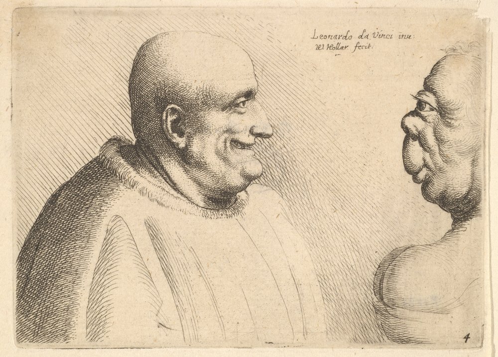 En stor man med kal huvud vänd mot en grotesk kvinna, 1625-77. av Wenceslaus Hollar