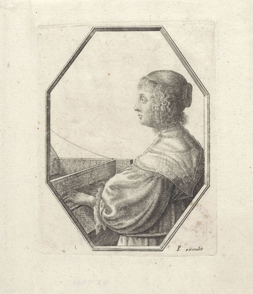 Porträtt av en kvinna bakom en virginal av Wenceslaus Hollar