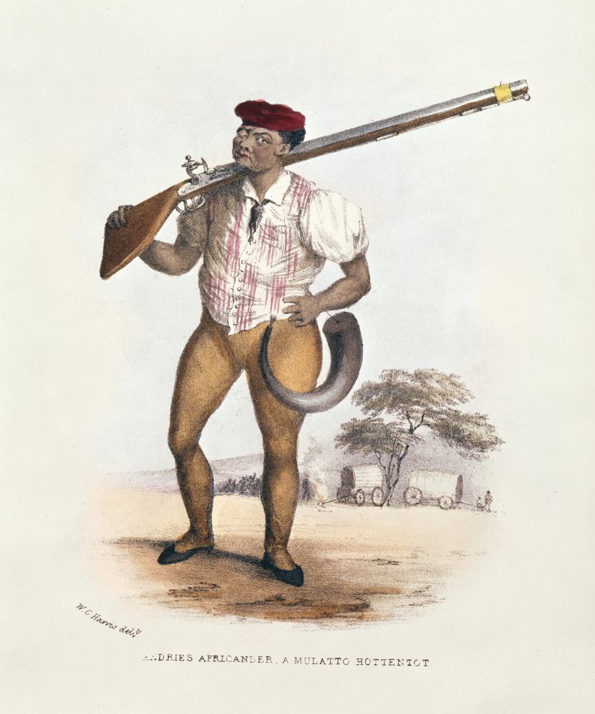 Andries Africander, en Mulatto Hottentot, illustration från Wild Sports of South Africa, av W.C. Harris, 1841 av William Cornwallis Harris